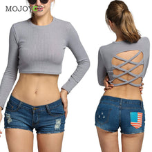 Women Knitted T shirt High Neck Long Sleeve Cropped Backless Slim Blusas Femininas Crop Tops Blusa Tee ELY