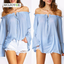 Women Light Blue Off Shoulder Blouse Bell Sleeve Blusas Women Tops Women Blouses Camisa Feminina Blusas Camisas Mujer ELY