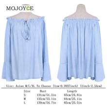 Women Light Blue Off Shoulder Blouse Bell Sleeve Blusas Women Tops Women Blouses Camisa Feminina Blusas Camisas Mujer ELY