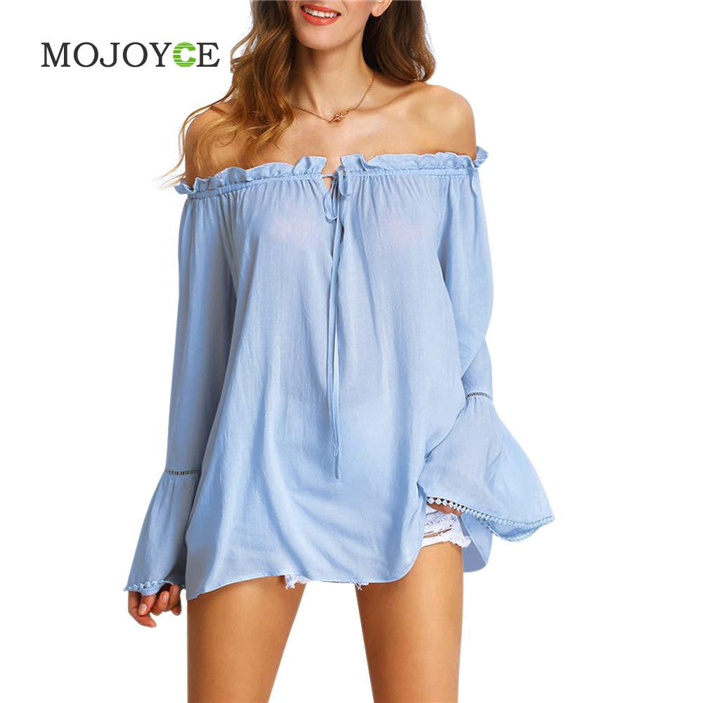 Women Light Blue Off Shoulder Blouse Bell Sleeve Blusas Women Tops Women Blouses Camisa Feminina Blusas Camisas Mujer ELY