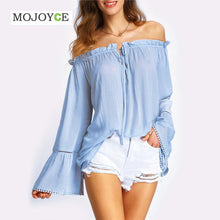 Women Light Blue Off Shoulder Blouse Bell Sleeve Blusas Women Tops Women Blouses Camisa Feminina Blusas Camisas Mujer ELY