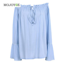 Women Light Blue Off Shoulder Blouse Bell Sleeve Blusas Women Tops Women Blouses Camisa Feminina Blusas Camisas Mujer ELY