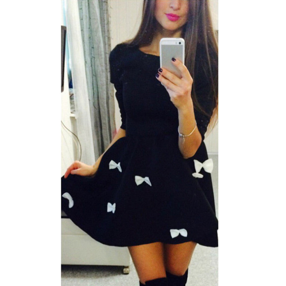 Women Style Dress 3/4 Sleeve Short Mini Dress Bowtie Party Dress Cotton Blended Vestidos Femininos1STL ELY