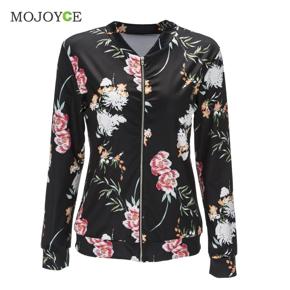 Womens Bomber Jacket Classic Style Zip Up Biker Floral Printing Women Jacket Casual Coats 1STL ELY