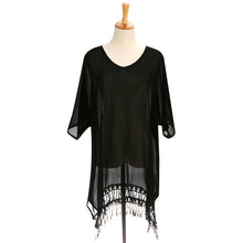 Womens Red Black Tassel Crochet Cover Up Beach Dress Chiffon Lace Tassel Loose Dress 1STL ELY