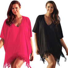 Womens Red Black Tassel Crochet Cover Up Beach Dress Chiffon Lace Tassel Loose Dress 1STL ELY