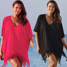 Womens Red Black Tassel Crochet Cover Up Beach Dress Chiffon Lace Tassel Loose Dress 1STL ELY