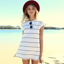 Womens T-Shirt Dress Casual Short Sleeves Ladies Striped Mini Party Sun Dress 1STL ELY