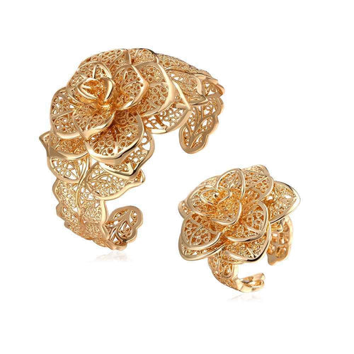 jewellery charms 18k gold plated jewelry set big flower bracelet+ring bijoux SKGS 4 ELY