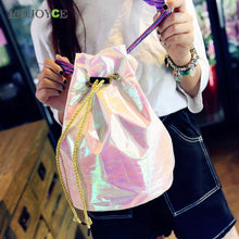 Fasion Drawstring Laser Women Bag Candy Color Special Fabric Paper Bling Bucket Bag Luxury Handbags Women Bags Designer Bolsa ELY