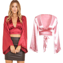 Flare Sleeve Women Blouse Shirt Deep V Neck Blouse Women Tops Glossy Club Blusas Crop Top Bow Tie Shirt Blusa Feminino 1STL ELY