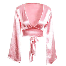 Flare Sleeve Women Blouse Shirt Deep V Neck Blouse Women Tops Glossy Club Blusas Crop Top Bow Tie Shirt Blusa Feminino 1STL ELY