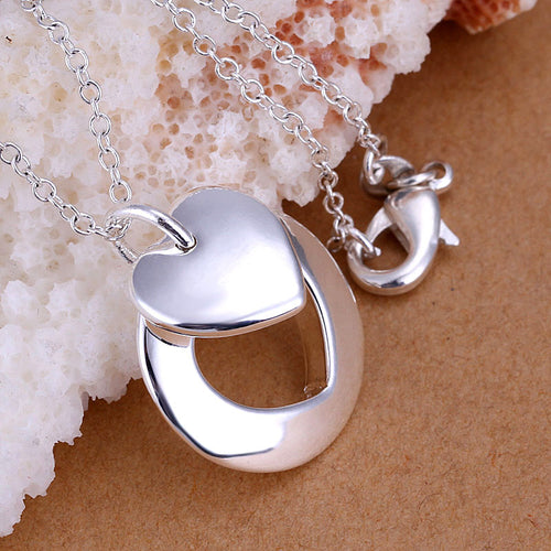 Lovely silver plated pendant Couple Heart big necklace fine jewelry ELY
