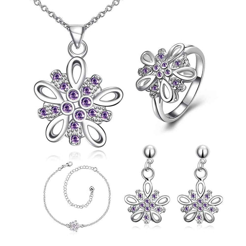 Lovely silver plated stamp jewelry set Crystal flower cluster necklace + ring + earrings men jewelry ELY