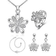 Lovely silver plated stamp jewelry set Crystal flower cluster necklace + ring + earrings men jewelry ELY
