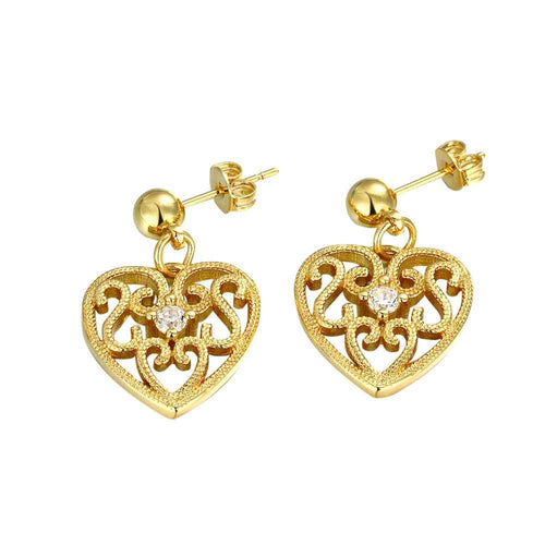 18k gold plated earings jewelry pierced hearts stud brinco floating charms ELY