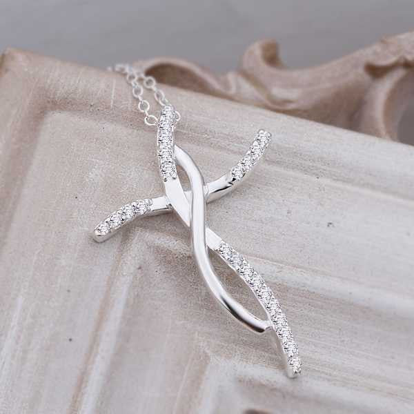 silver plated pendant necklace Insets Curved Cross Pendant perfume women Costume Jewellery ELY
