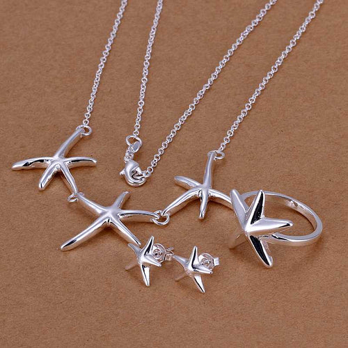Lovely silver plated jewelry sets Starfish Necklace&Earring&Ring african jewelry set bijoux femme 79 ELY