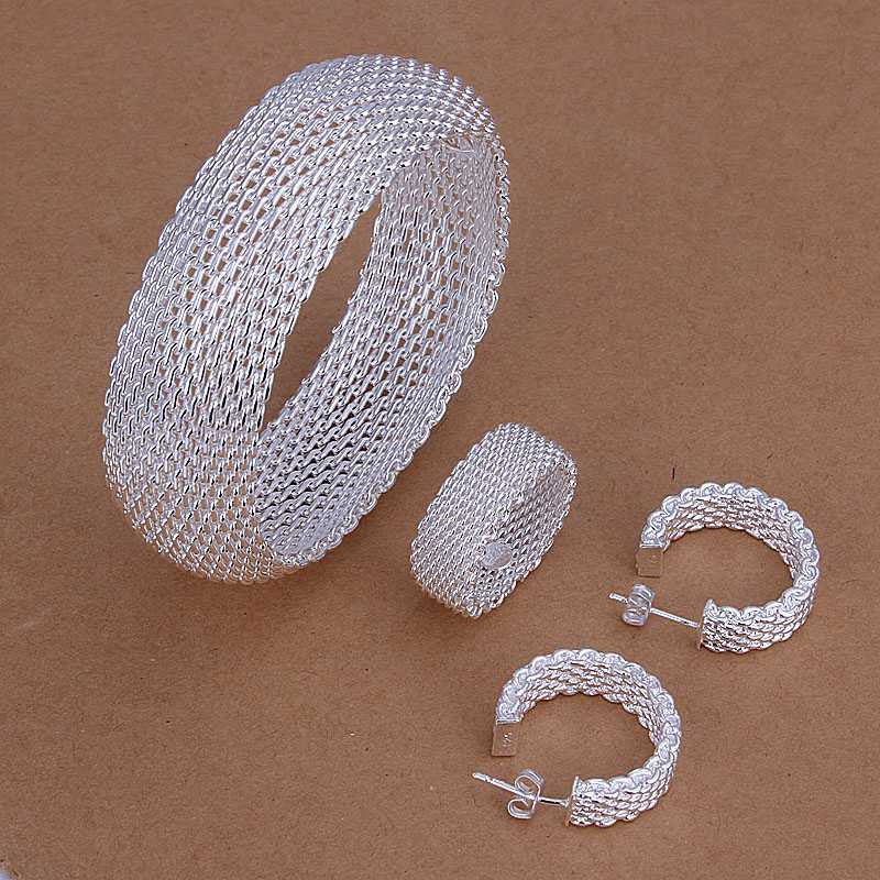 silver plated jewelry set Multi Line Bangle&Earring&Ring african jewelry set sport178 ELY
