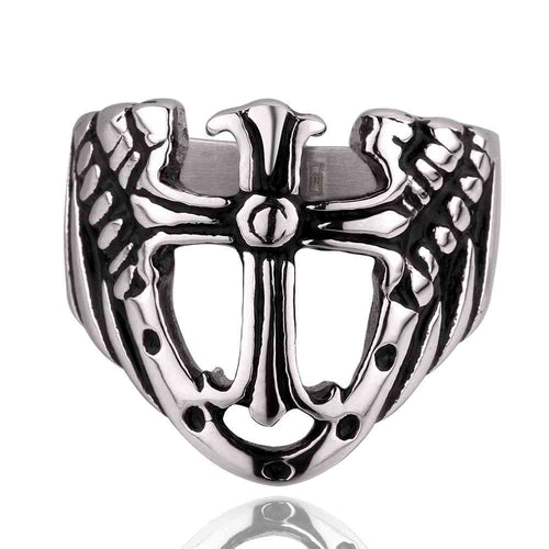 jewellery charms punk style stainless steel ring cross and wing bague femme margarida MAYAR 2 ELY