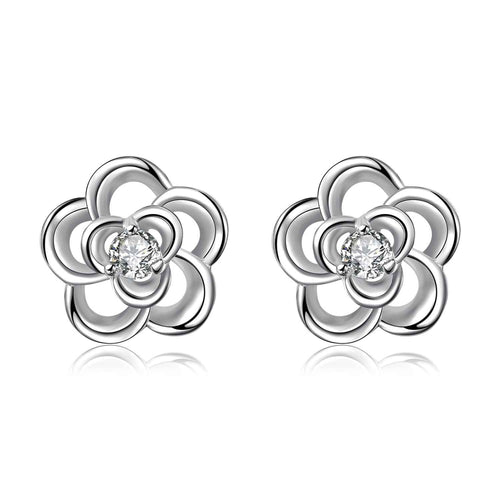 silver 925 earings Hollow double flower stud brinco jewelry ELY
