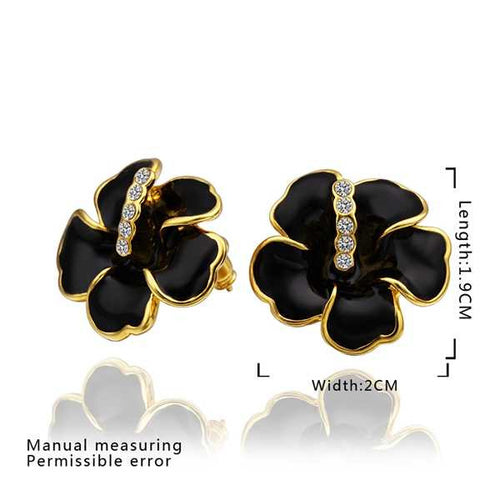 18k gold plated earrings black flower stud earrings boucle d'oreille femme bone 47 ELY