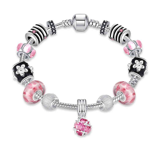 silver plated bracelet charms Pink ball pulseira masculina PFDH 37 ELY