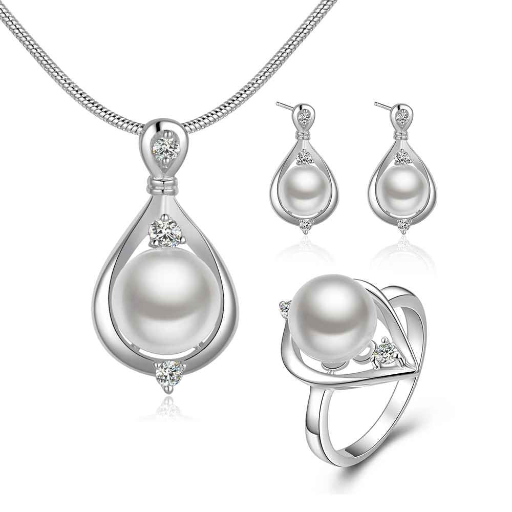 silver plated jewelry set big imitation pearl necklace+earrings+rings Sets 58 ELY