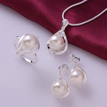 silver plated jewelry set big imitation pearl necklace+earrings+rings Sets 58 ELY