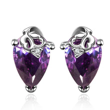 silver plated earings deep violetta heart stud brincos 182 ELY