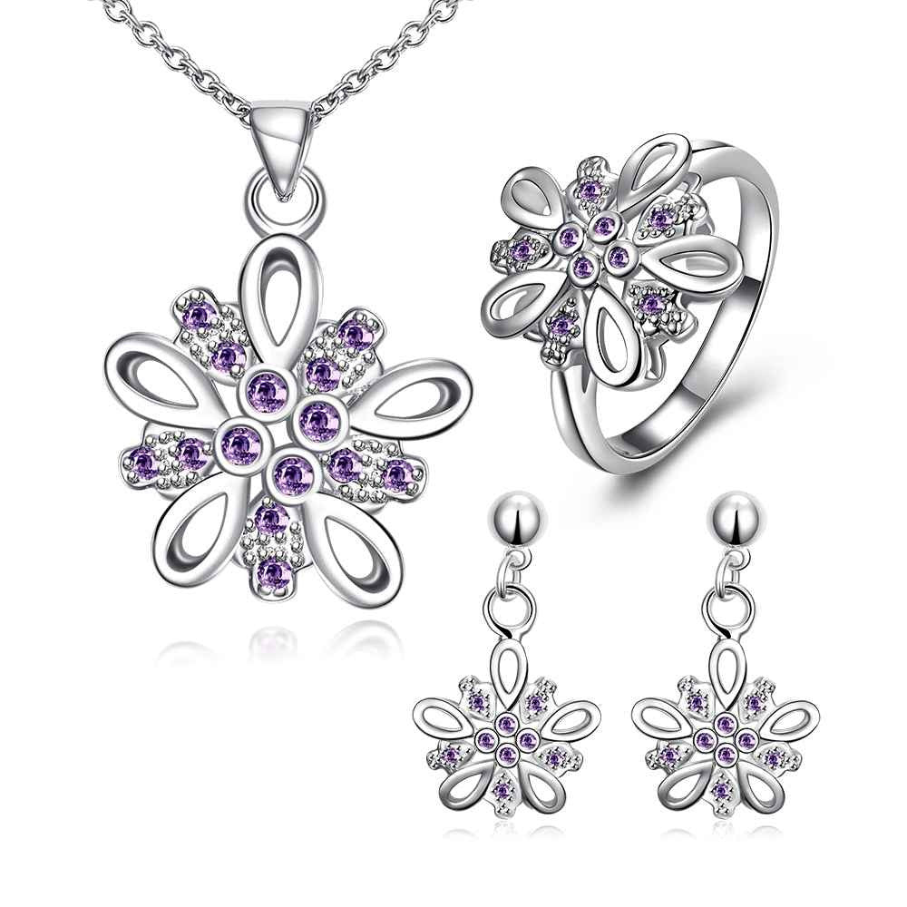 silver plated jewelry sets purple flower necklace ring earrings Sets bone 47 ELY