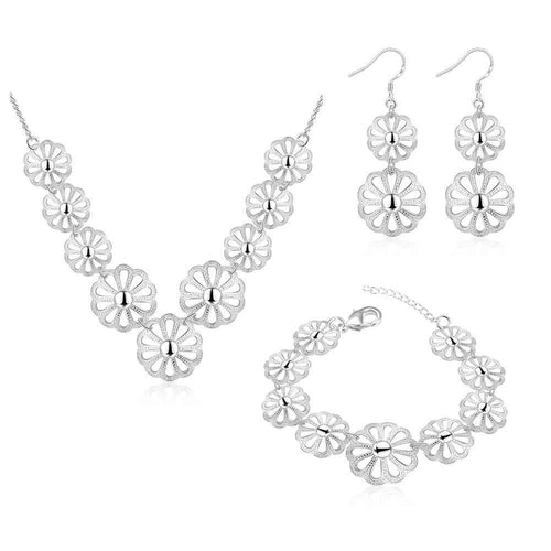 silver jewelry set flower necklace earrings bracelet Sets joias 63 ELY