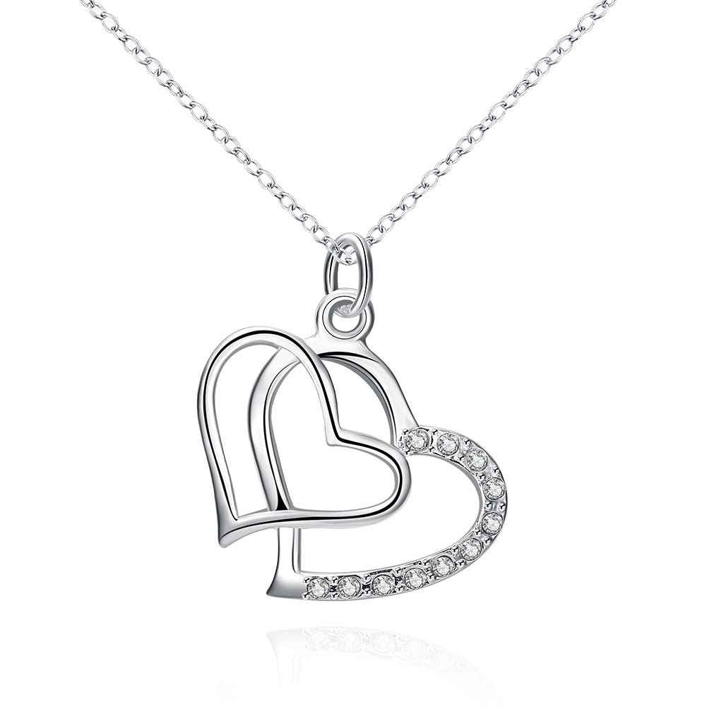silver plated pendant Insets Double Heart collier ELY
