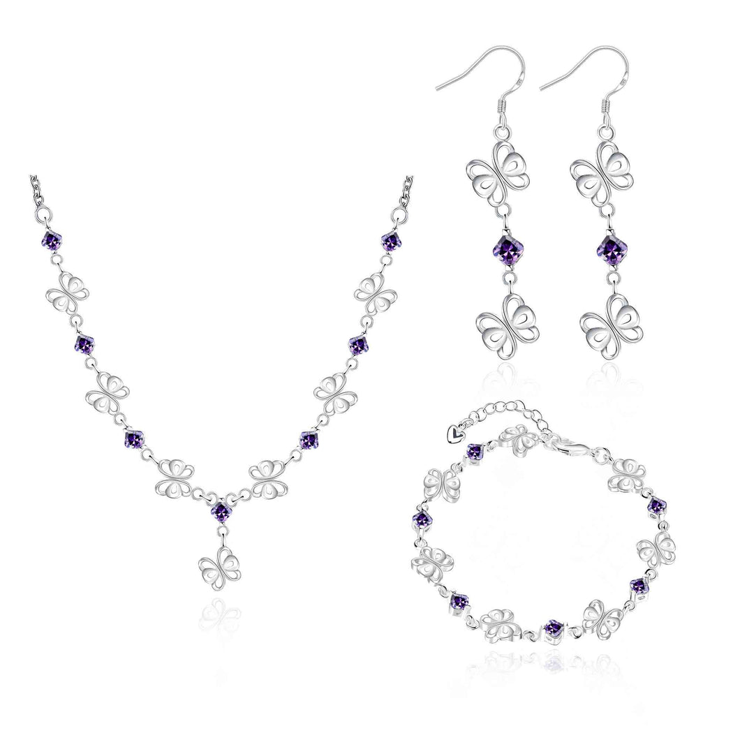 silver plated jewelry sets Butterfly Necklace earrings bracelet african jewelry set charms 17 ELY