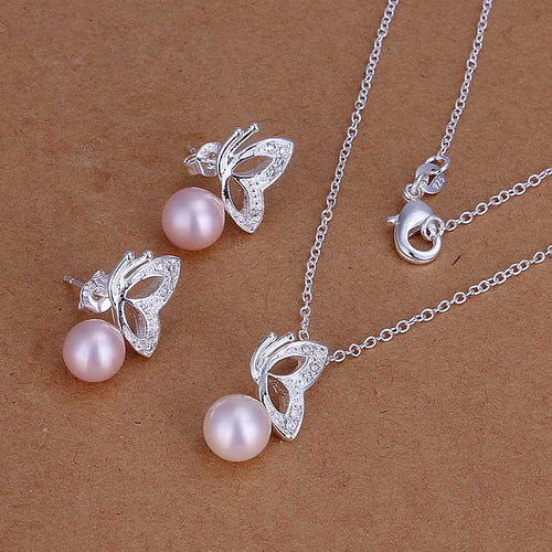 silver jewelry set simulated pearl Butterfly Necklace&Earring Sets sport 59 ELY
