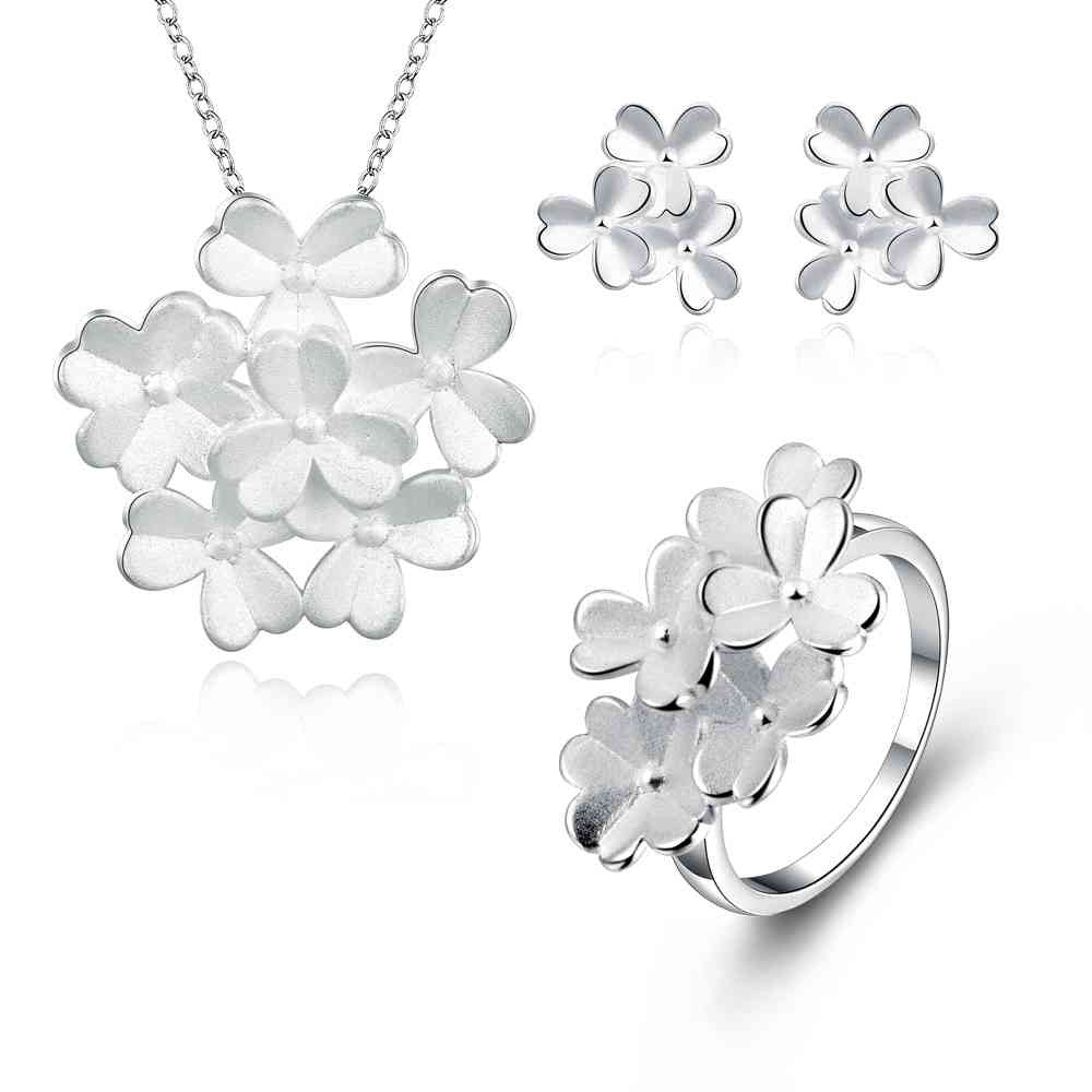 silver plated jewelry set clover flower necklace earring ring Sets Gift for her 7 ELY