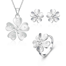 silver plated jewelry set clover flower necklace earring ring Sets Gift for her 7 ELY