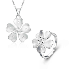 silver plated jewelry set clover flower necklace earring ring Sets Gift for her 7 ELY