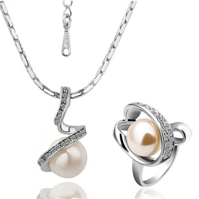 Trendy 18k gold plated jewelry set Spiral simulated pearl necklace+rings Sets bone165 ELY