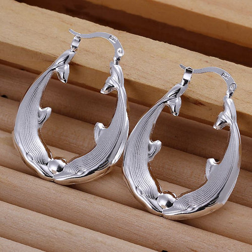 exo silver plated earrings Hollow Fish Shaped hoop brinco floating charms ELY
