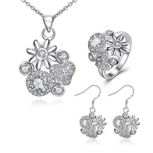 floating charms silver plated jewelry set Messy flowers necklace + ring + earrings Sets joias 46 ELY