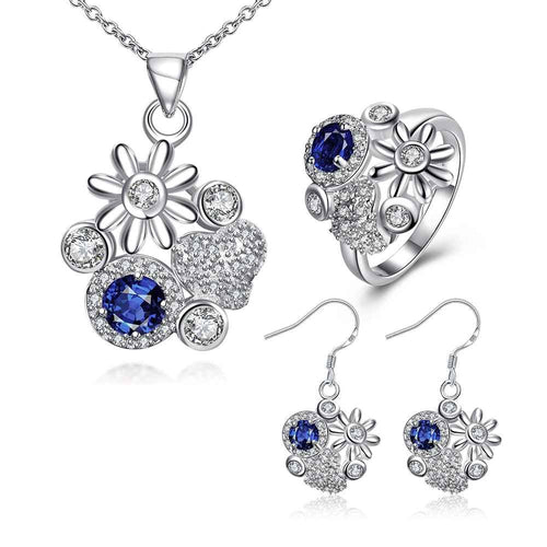 floating charms silver plated jewelry set Messy flowers necklace + ring + earrings Sets joias 46 ELY