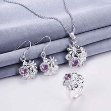 floating charms silver plated jewelry set Messy flowers necklace + ring + earrings Sets joias 46 ELY