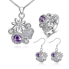 floating charms silver plated jewelry set Messy flowers necklace + ring + earrings Sets joias 46 ELY