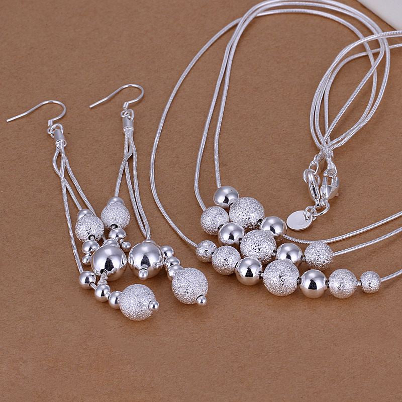 floating charms silver plated stamp jewelry set Triple Lines Of Beans Necklace&Earring Jewelry European Style ELY