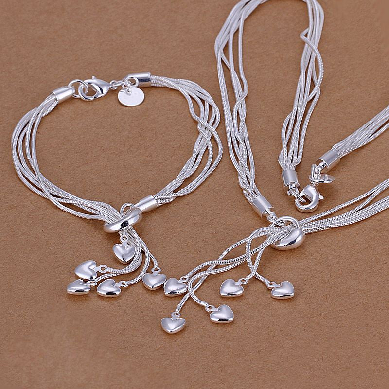 silver plated Jewelry Set Charm TaiJi 5 Heart Pendant Silver Necklace Bracelet SMTS 9 ELY