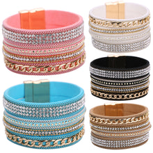 Glittering Crystal Magnetic Buckle Bracelet Wrist Strap Muiltilayer Bracelets Women Rhinestone Leather Bangles Jewelry Feminina ELY