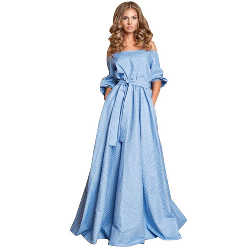 Graceful Womens Sexy Off Shoulder Long Blue Party Dresses Casual Short Sleeves Loose Full Length Princess Dress 1STL ELY