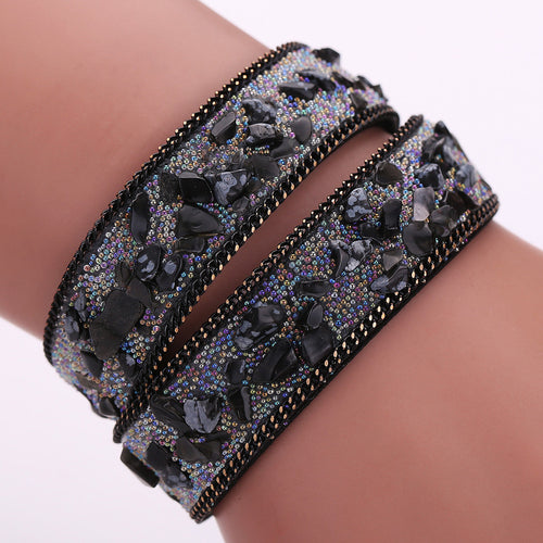 Handmade Gravel Stone Crystal Wristband Muiltilayer Bracelets Rhinestone Leather Braid Bangles Jewelry Feminina ELY