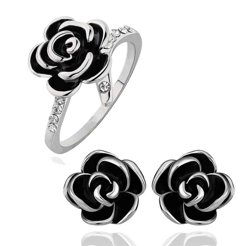 18K Gold Plating jewelry set black rose earrings+ring SMTPS397 ELY